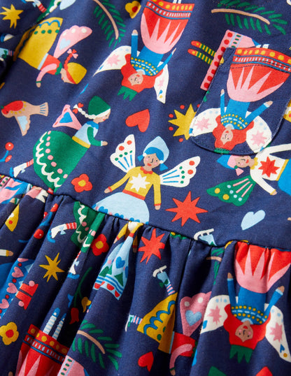 Long Sleeve Fun Jersey Dress-College Navy Folk Fairies