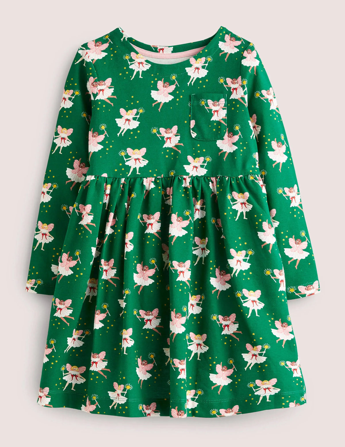 Long Sleeve Fun Jersey Dress-Shady Glade Green Fairies