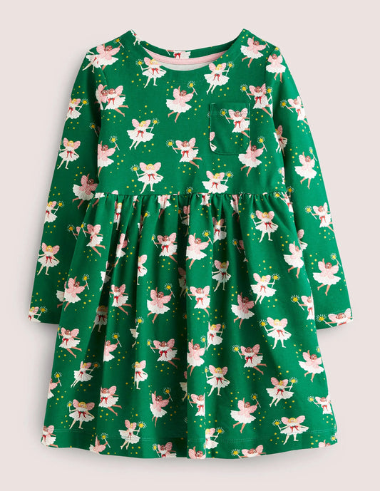 Long Sleeve Fun Jersey Dress-Shady Glade Green Fairies