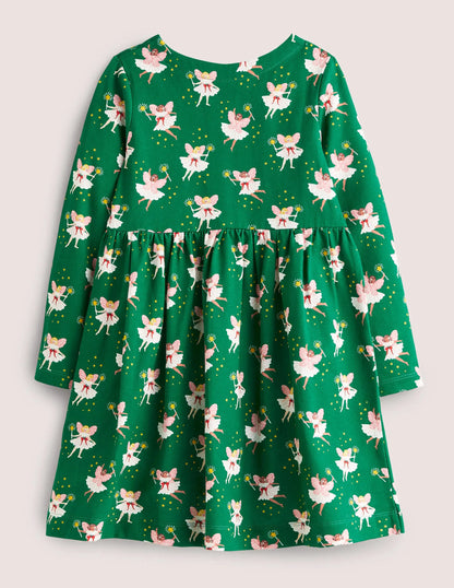 Long Sleeve Fun Jersey Dress-Shady Glade Green Fairies