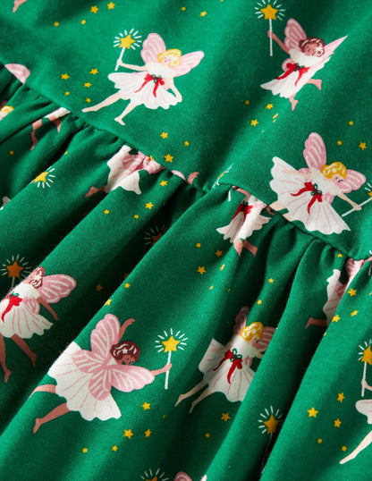 Long Sleeve Fun Jersey Dress-Shady Glade Green Fairies