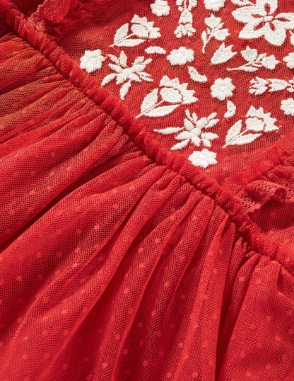 Long Sleeve Tulle Dress-Rockabilly Red Flowers