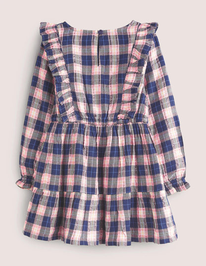 Frill Tiered Long-sleeve Dress-College Navy/Gold Check