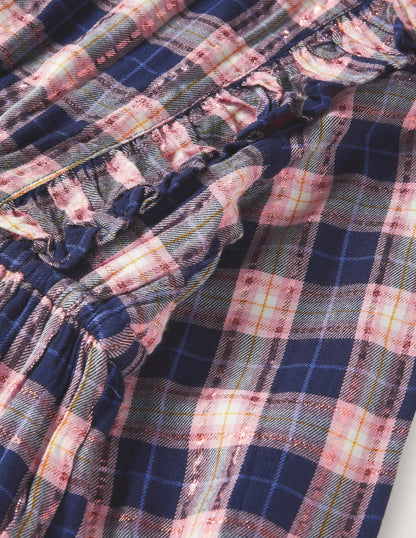 Frill Tiered Long-sleeve Dress-College Navy/Gold Check