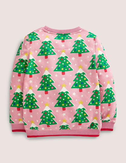 Festive Printed Crew Neck-Formica Pink Christmas Trees