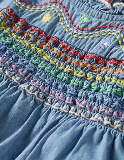 Rainbow Smocked Chambray Dress-Mid Chambray