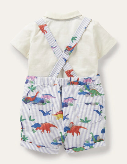 Woven Overall Set-Ticking Dino Scene