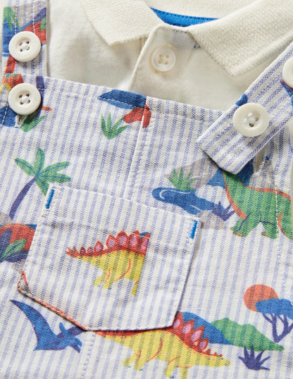 Woven Overall Set-Ticking Dino Scene
