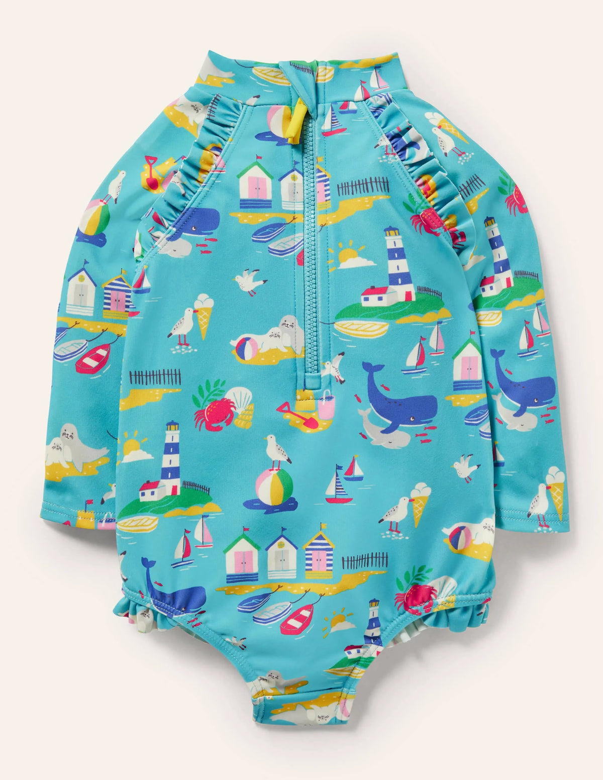 Long Sleeve Frilly Swimsuit-Surfboard Blue Ticking Stripe