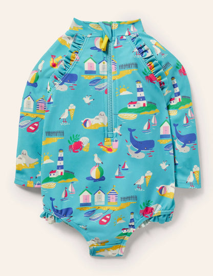 Long Sleeve Frilly Swimsuit-Surfboard Blue Ticking Stripe
