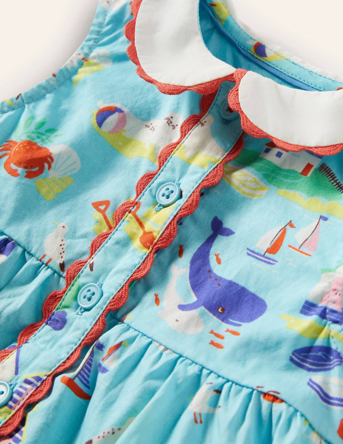 Sleeveless Collared Dress-Aqua Blue Coastal Scene
