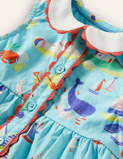 Sleeveless Collared Dress-Aqua Blue Coastal Scene