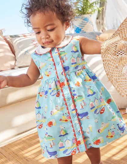 Sleeveless Collared Dress-Aqua Blue Coastal Scene