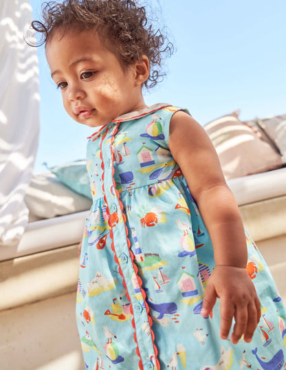 Sleeveless Collared Dress-Aqua Blue Coastal Scene