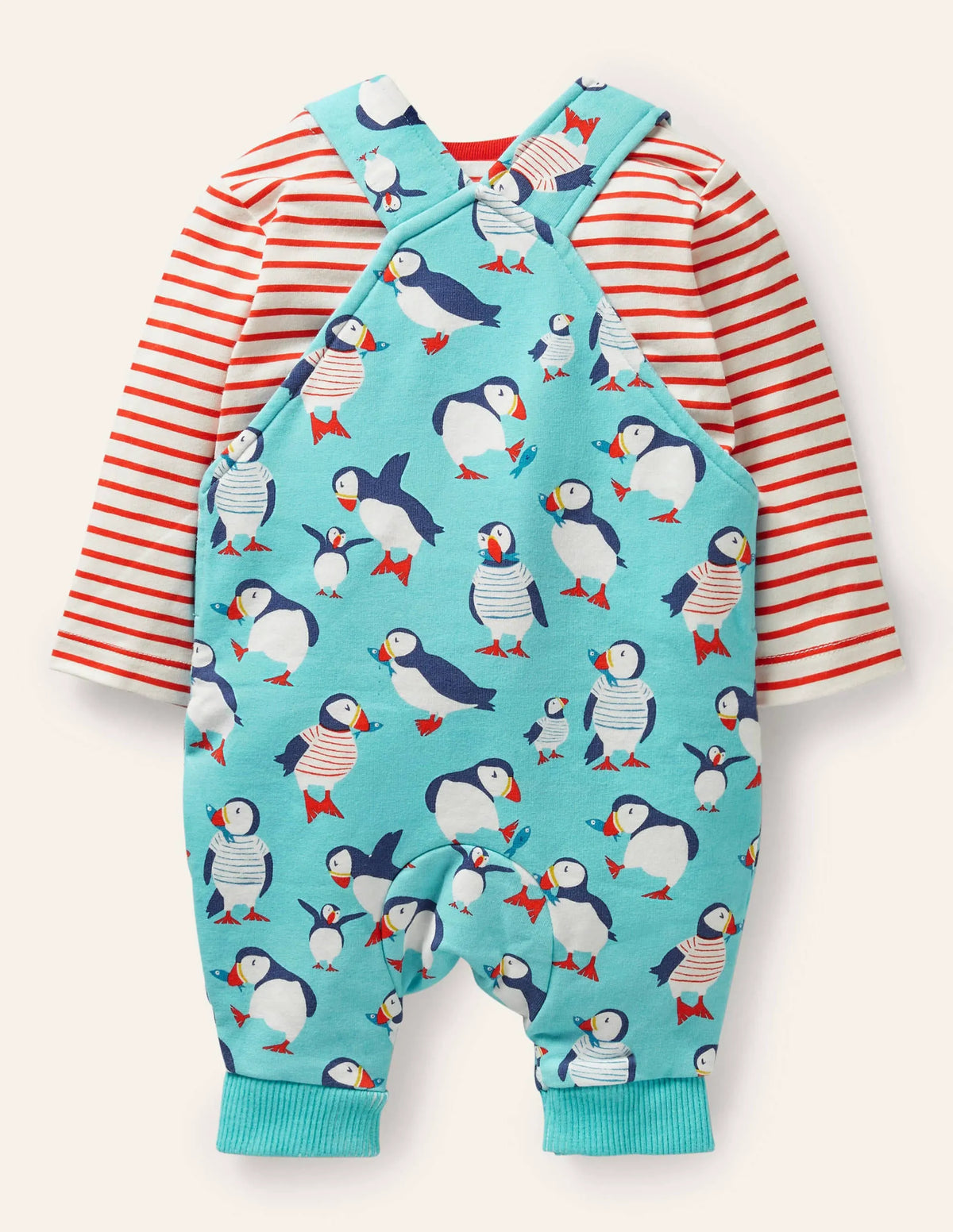 Printed Jersey Overalls Set-Aqua Blue Puffins