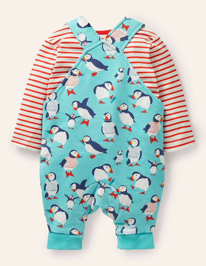 Printed Jersey Overalls Set-Aqua Blue Puffins
