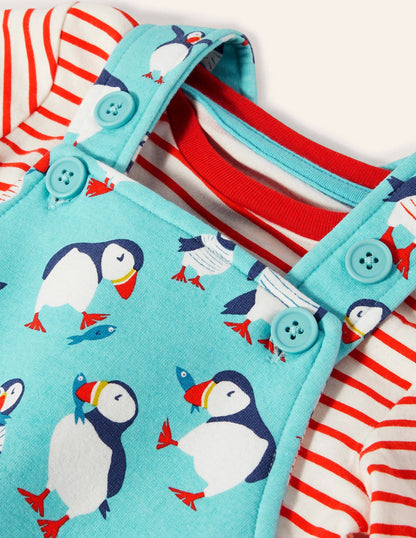 Printed Jersey Overalls Set-Aqua Blue Puffins