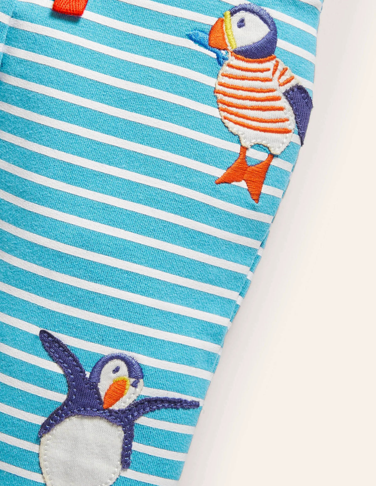 Appliqué Jersey Bottoms-Ivory/Aqua Puffins