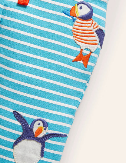 Appliqué Jersey Bottoms-Ivory/Aqua Puffins