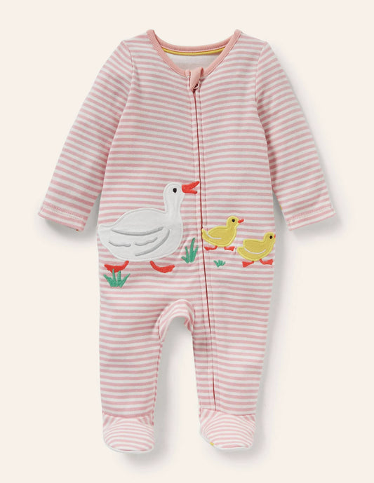 GOTS Organic Zip-up Sleepsuit-Ivory/Boto Pink Ducks