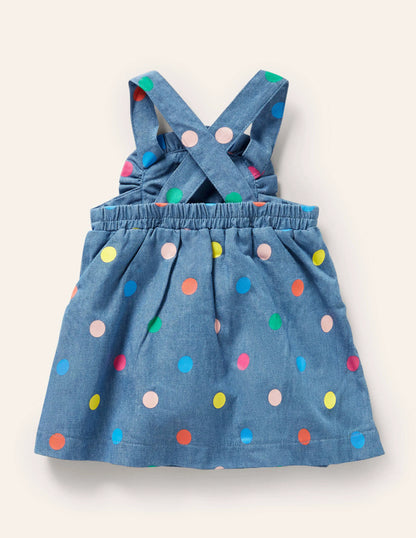 Multi Spot Pinnie Dress-Chambray Multi Spot