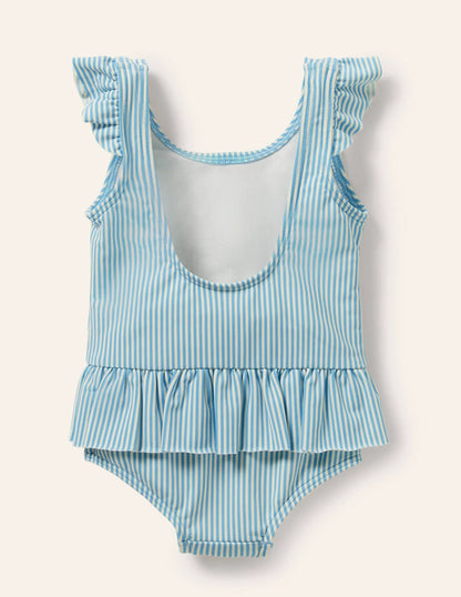 Blue Stripe Strawberry Frill Waist Swimsuit-Blue/Ivory Strawberries