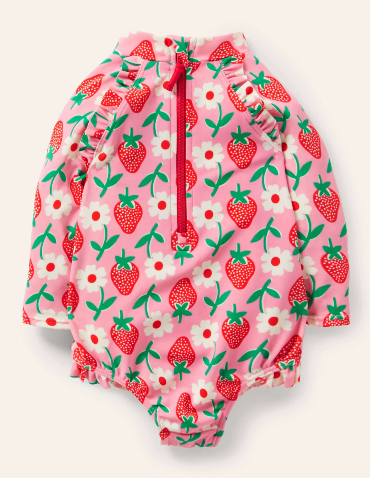 Long Sleeve Frilly Swimsuit-Pink Lemonade Strawberry Stamp