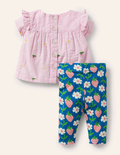 Woven Top & Leggings Set-Bright marina Blue Strawberry