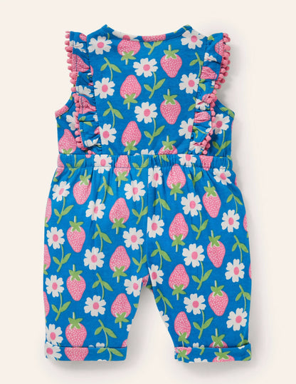 Jersey Ruffle Romper-Bright Marina Blue Strawberry