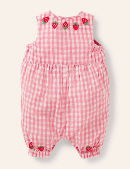Fun Woven Romper-Pink Gingham Strawberries