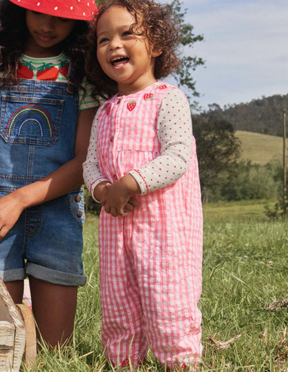 Fun Woven Romper-Pink Gingham Strawberries