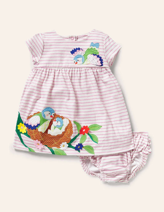 Fun Appliqué Jersey Dress-Pink Lemonade Birds