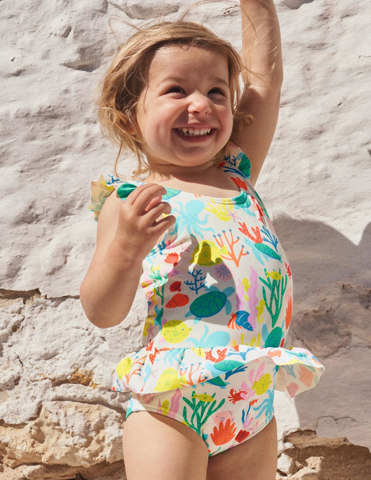 Pretty Frill Waist Swimsuit-Ivory Coral Reef