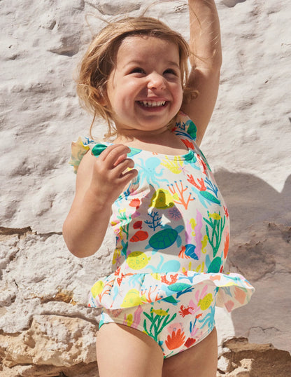 Pretty Frill Waist Swimsuit-Ivory Coral Reef