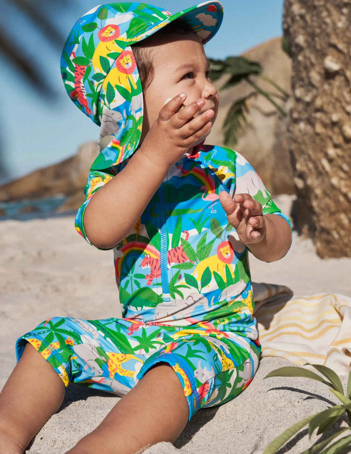 Printed Sun-safe Surf Suit-Ivory Surfboard Rainbow Jungle