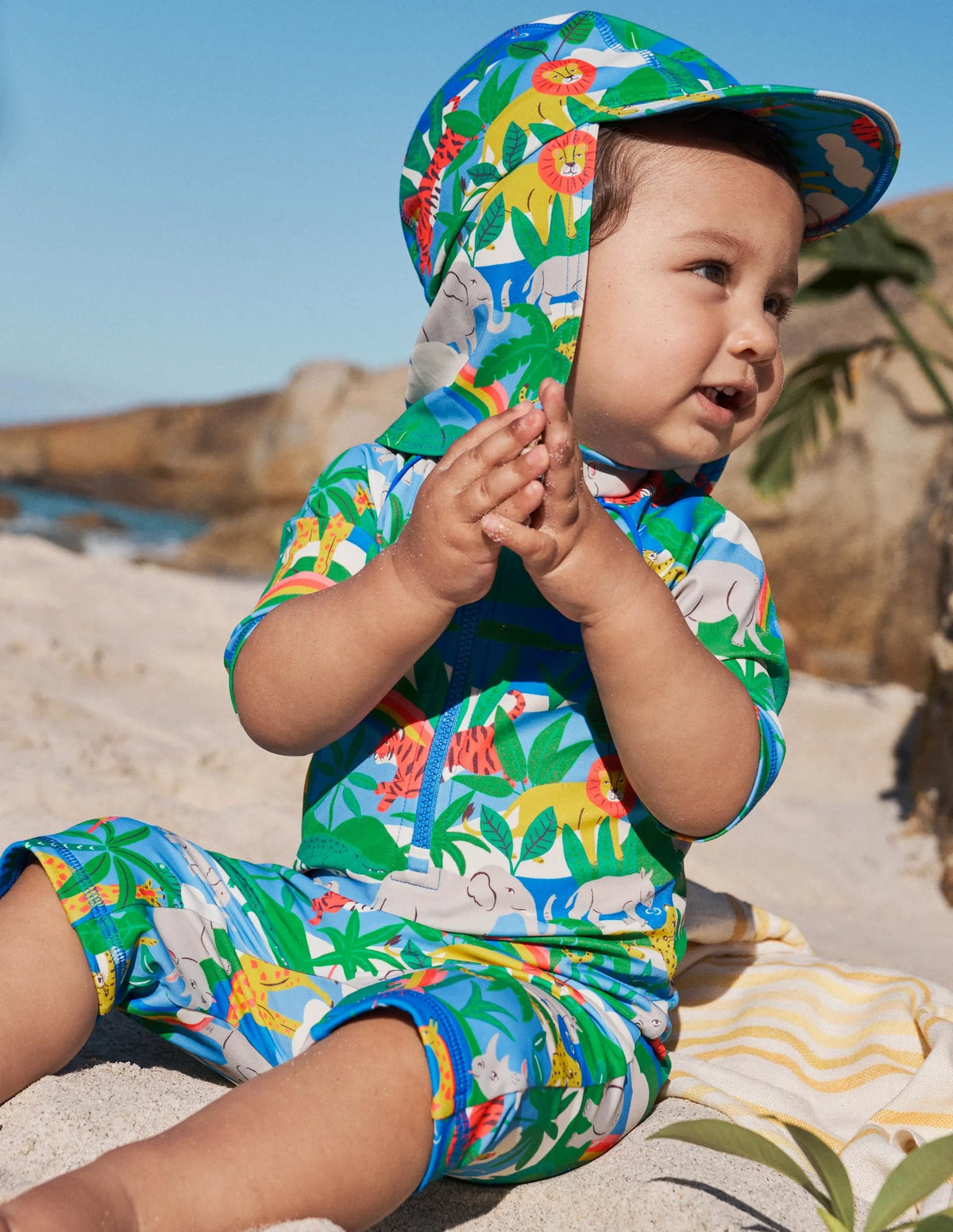 Printed Sun-safe Surf Suit-Ivory Surfboard Rainbow Jungle