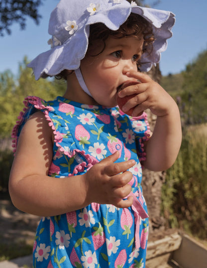 Jersey Ruffle Romper-Bright Marina Blue Strawberry