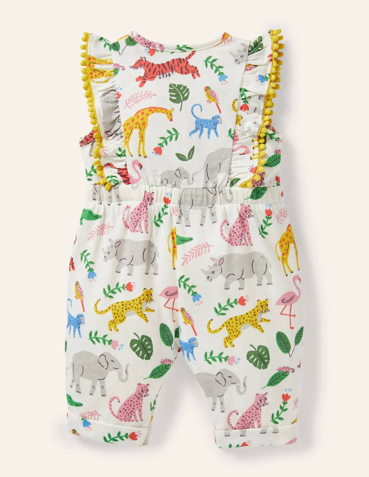 Jersey Ruffle Romper-Ivory Jungle Stamp
