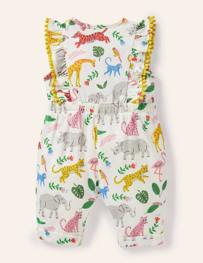 Jersey Ruffle Romper-Ivory Jungle Stamp