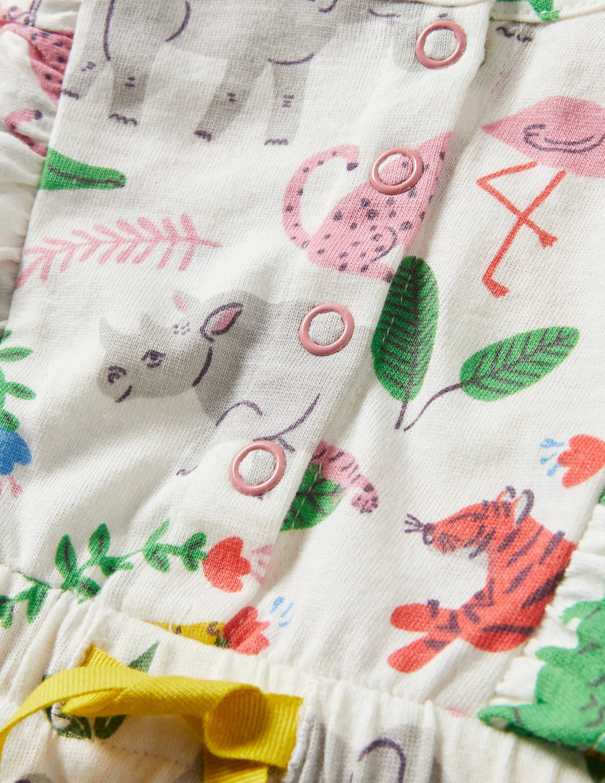 Jersey Ruffle Romper-Ivory Jungle Stamp