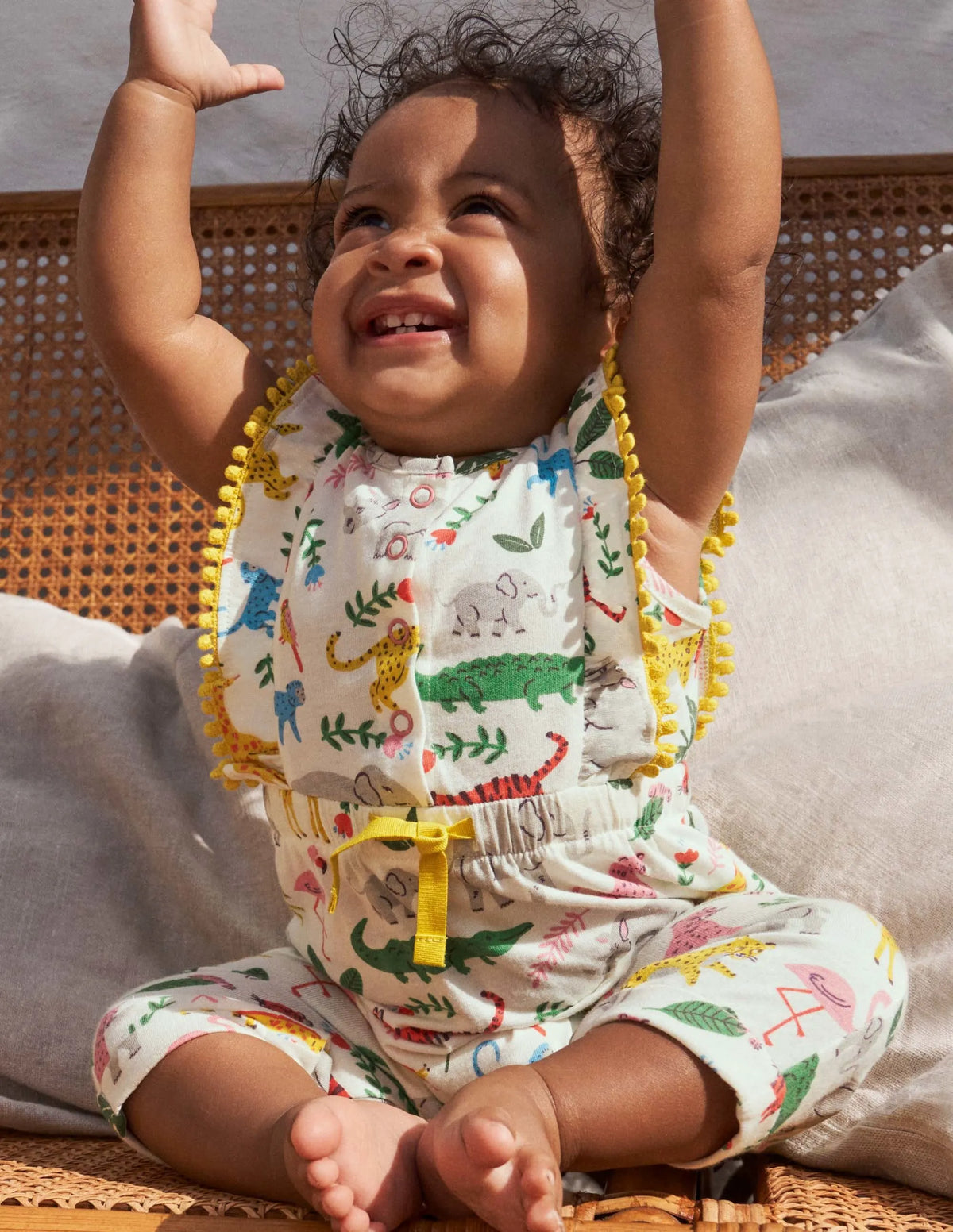 Jersey Ruffle Romper-Ivory Jungle Stamp
