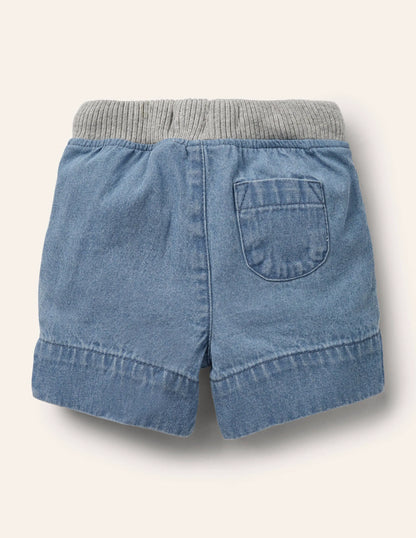 Rib Waist Woven Shorts-Mid Chambray
