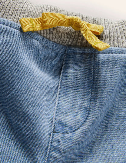 Rib Waist Woven Shorts-Mid Chambray