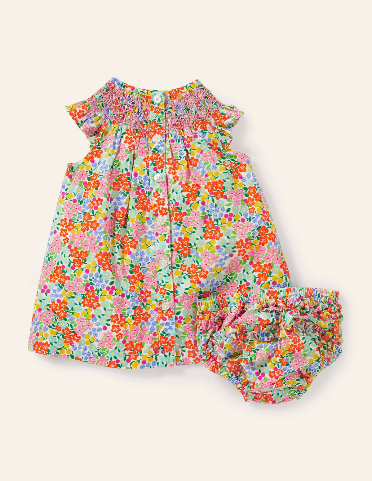 Smocked Woven Dress-Ivory Tropical Floral