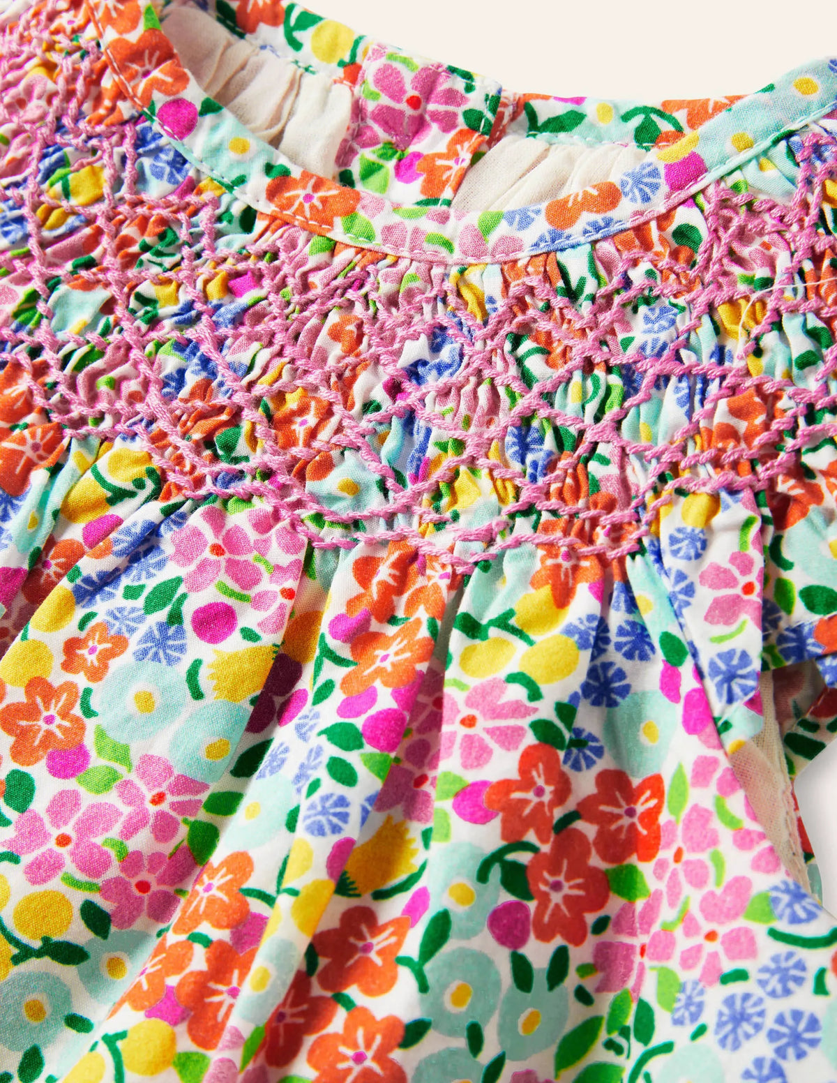 Smocked Woven Dress-Ivory Tropical Floral