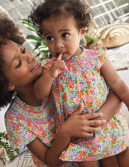 Smocked Woven Dress-Ivory Tropical Floral