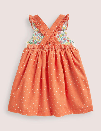 Cord Pinnie Dress-Tigerlily Orange Pin Spot Fox