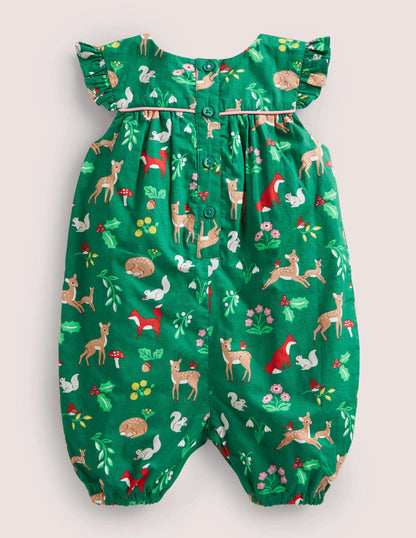 Ruffle Printed Rompers-Shady Glade Green Woodland