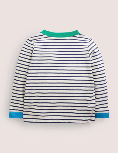 Long-sleeved Appliqué T-shirt-Ivory/Navy Global Animals