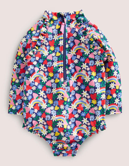 Long Sleeve Frilly Swimsuit-Starboard Rainbow Ditsy